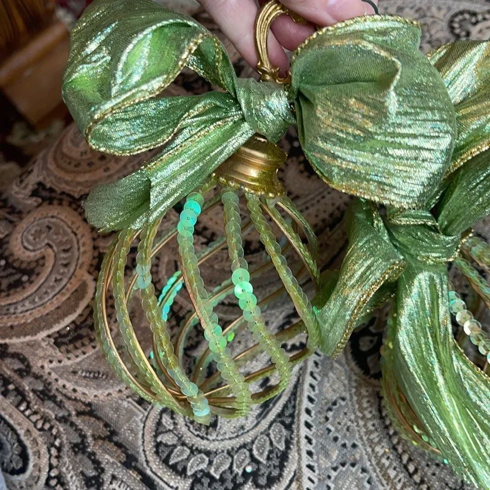 2 EXQUISITE Open Weave Green Glittery Pears!